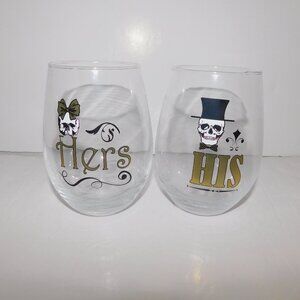 Set 2 Stemless Wine Glasses Tumblers His Her Skeleton Theme